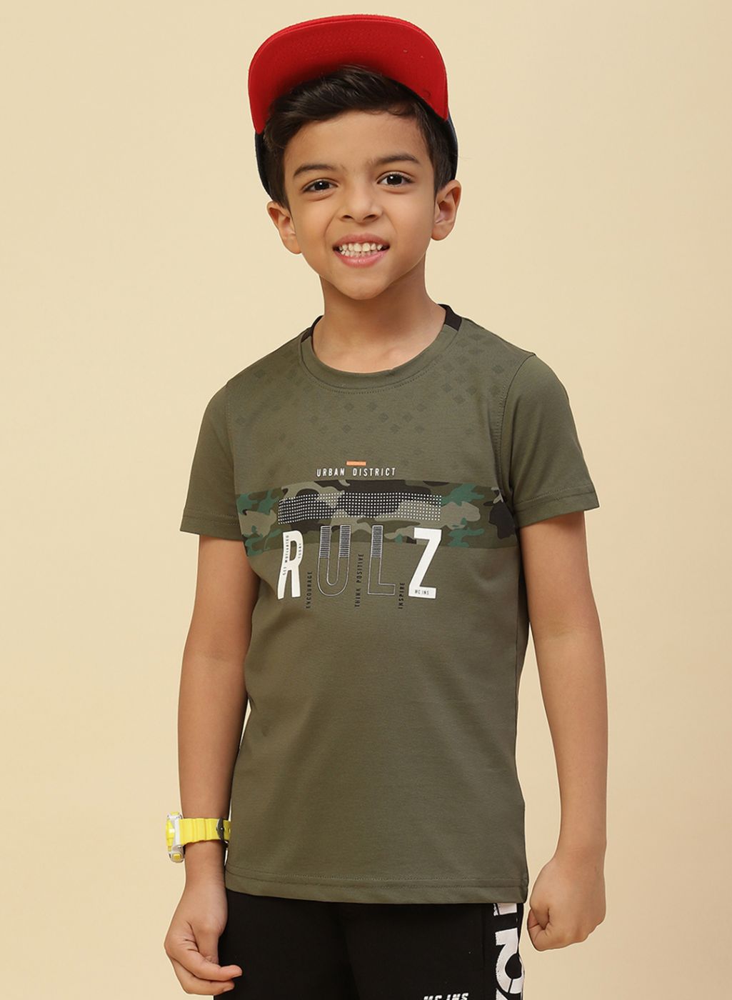 Boys Olive Printed T-Shirt