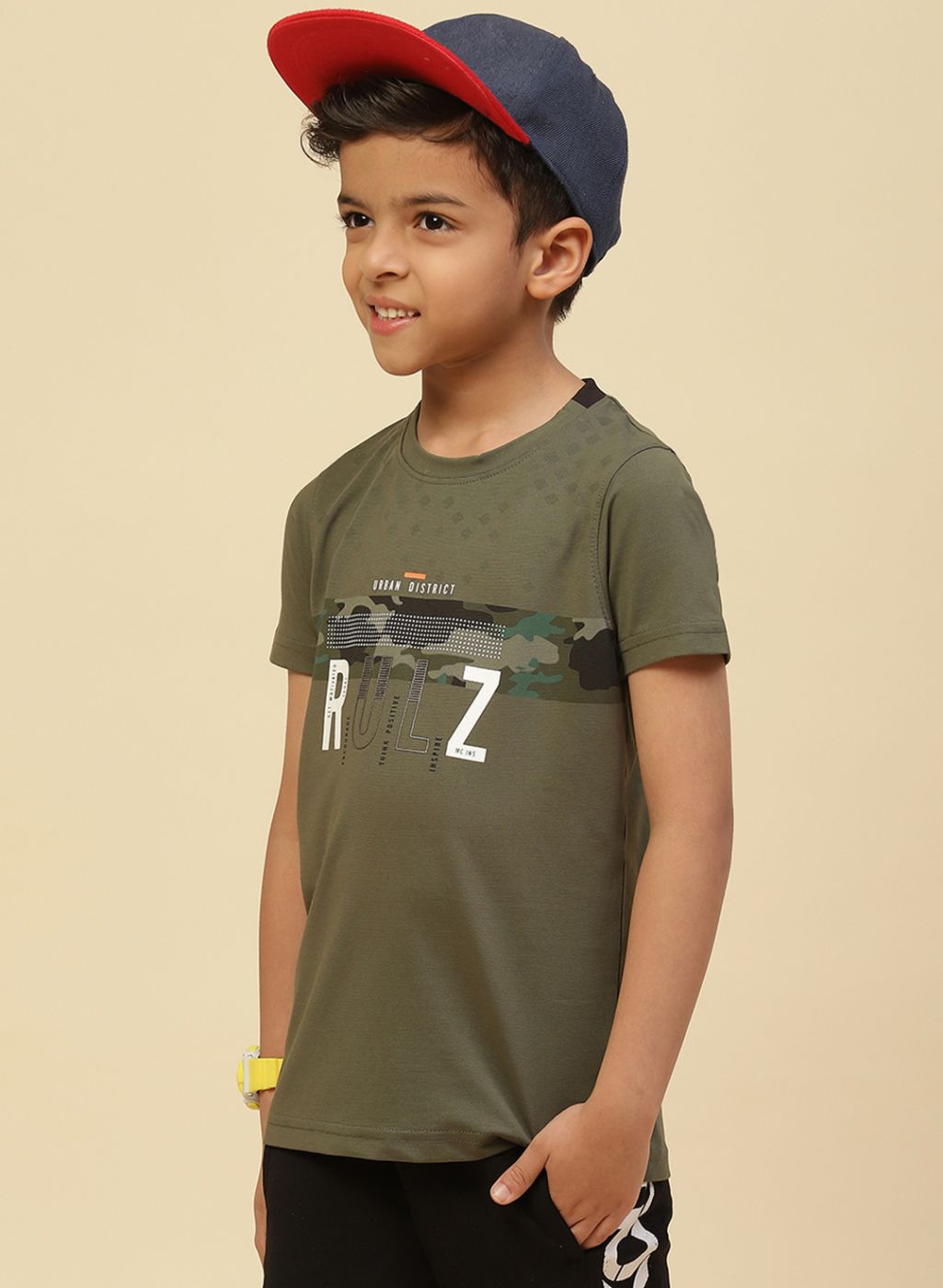 Boys Olive Printed T-Shirt