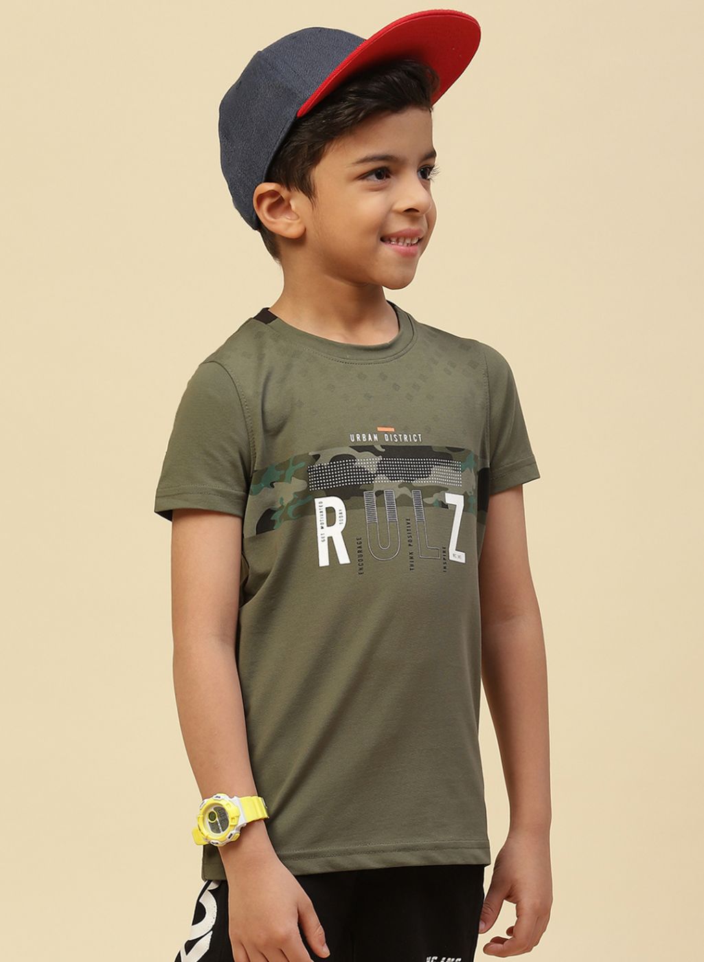 Boys Olive Printed T-Shirt