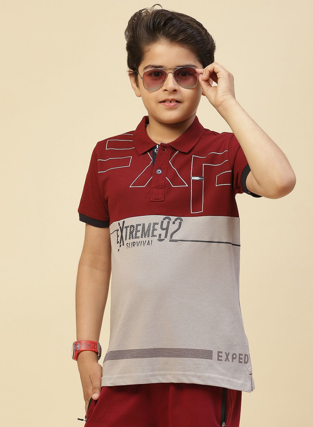 Boys Maroon Printed T-Shirt