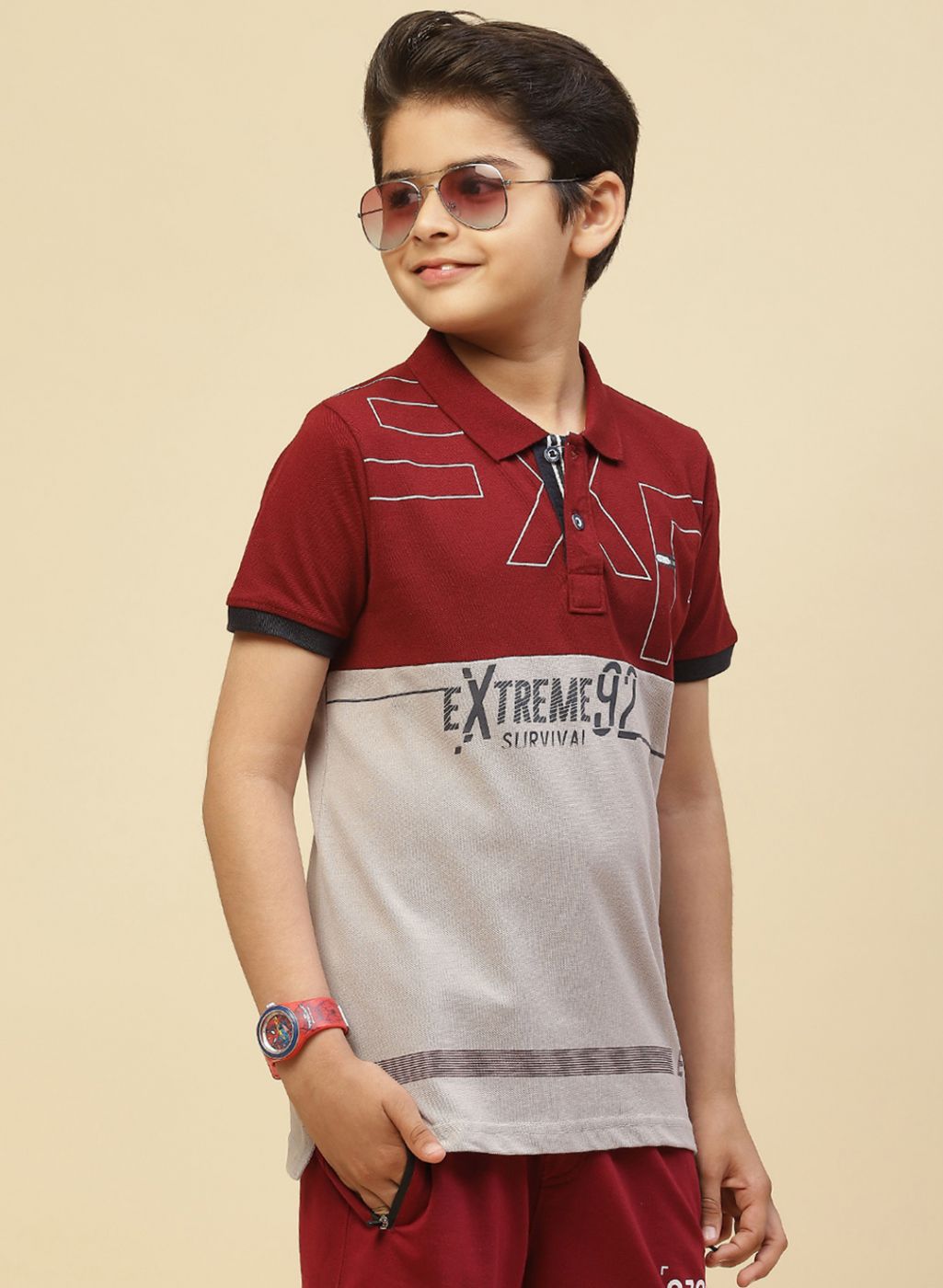 Boys Maroon Printed T-Shirt