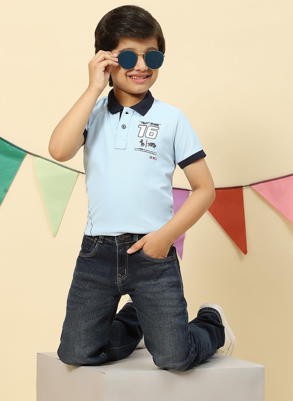 Boys Sky Blue Printed T-Shirt