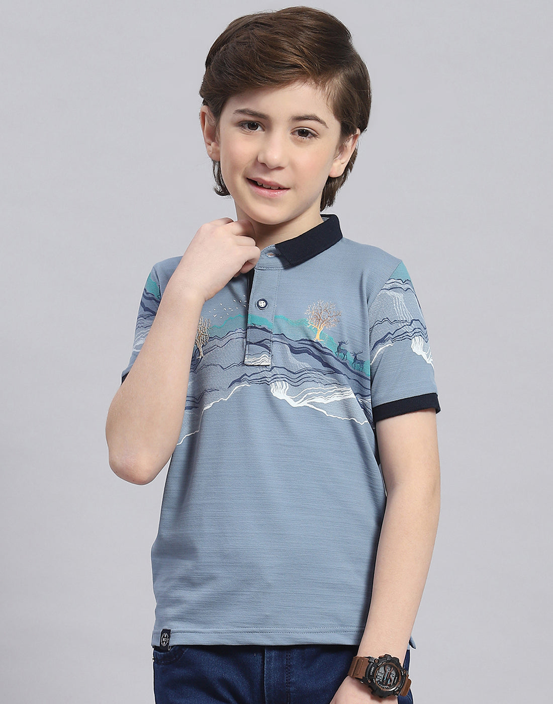 Boys Blue Printed Polo Collar Half Sleeve T-Shirt