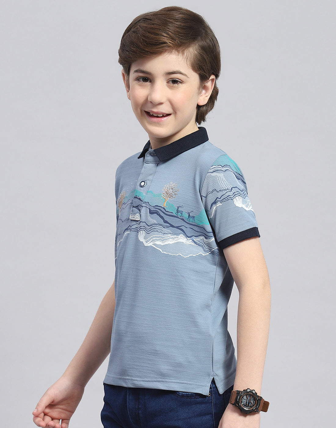 Boys Blue Printed Polo Collar Half Sleeve T-Shirt