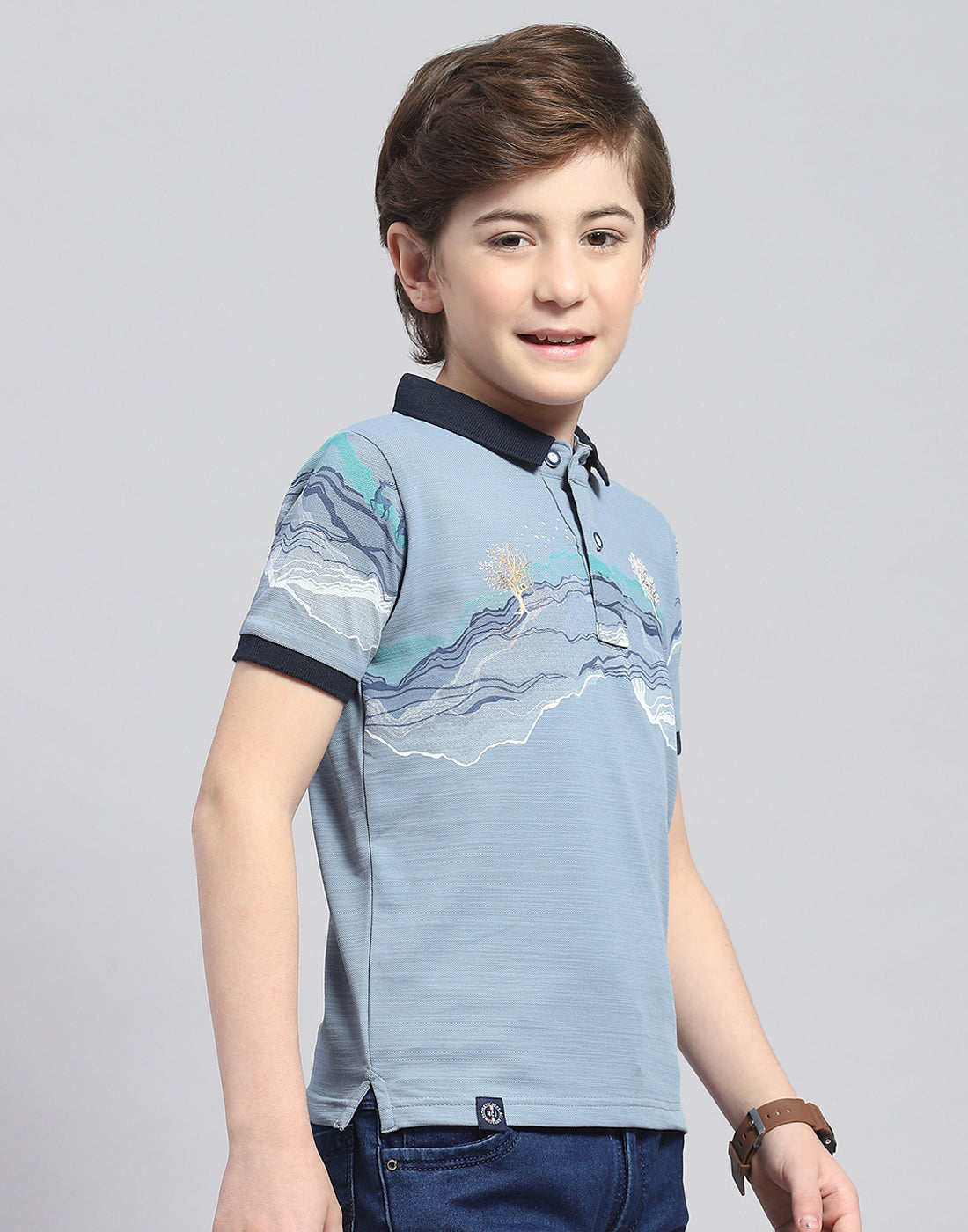 Boys Blue Printed Polo Collar Half Sleeve T-Shirt