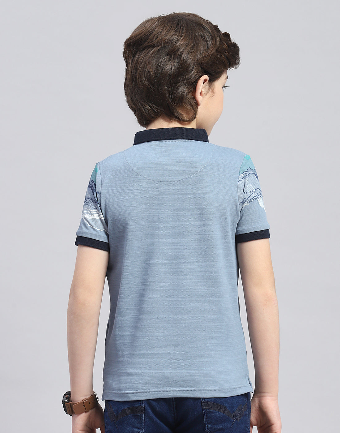 Boys Blue Printed Polo Collar Half Sleeve T-Shirt