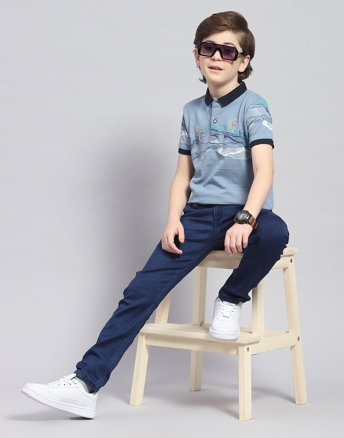 Boys Blue Printed Polo Collar Half Sleeve T-Shirt