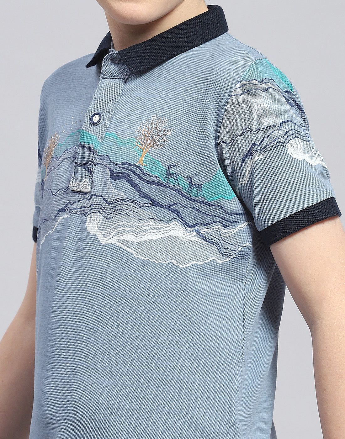 Boys Blue Printed Polo Collar Half Sleeve T-Shirt