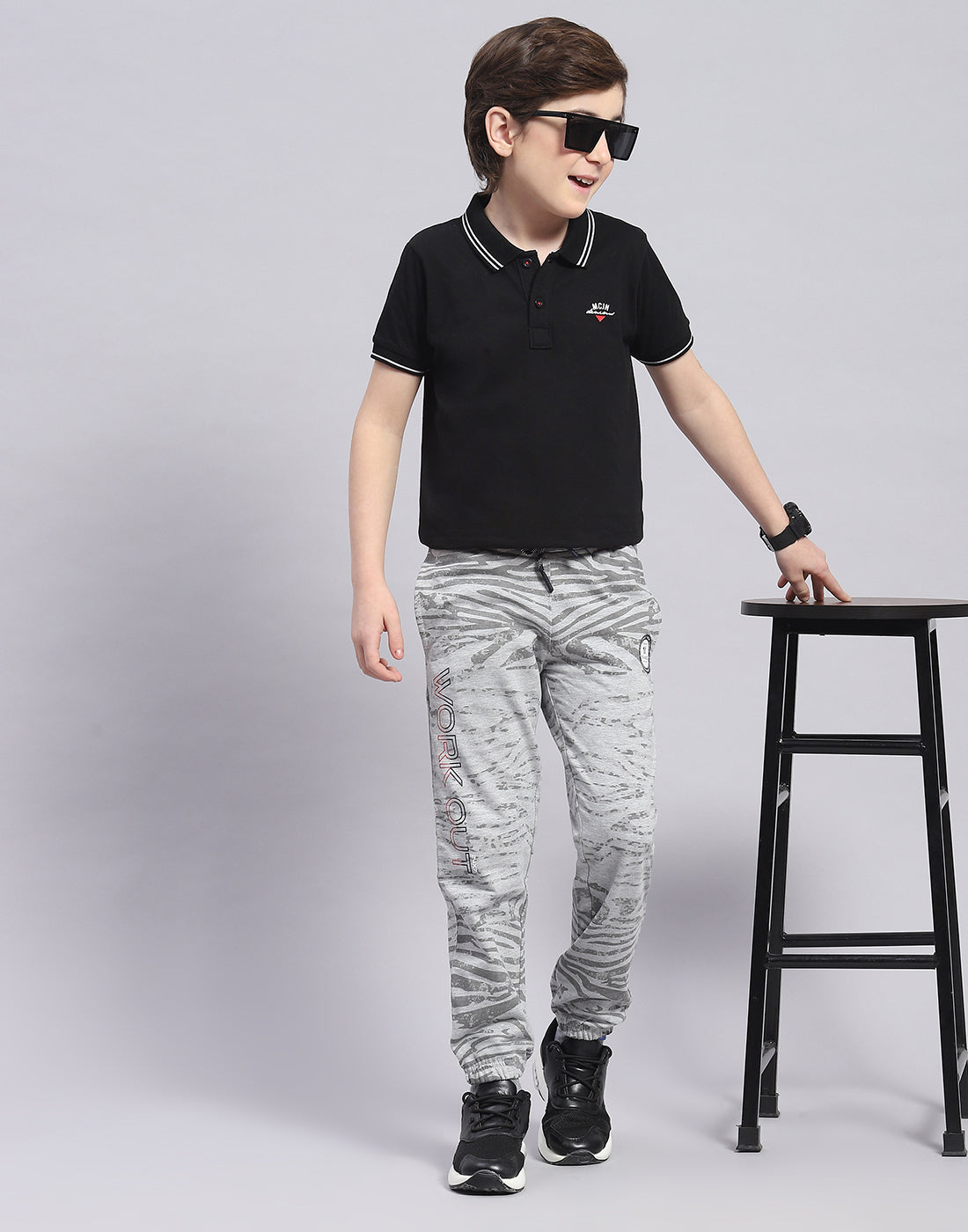 Boys Grey Melange Printed Regular Fit Lower