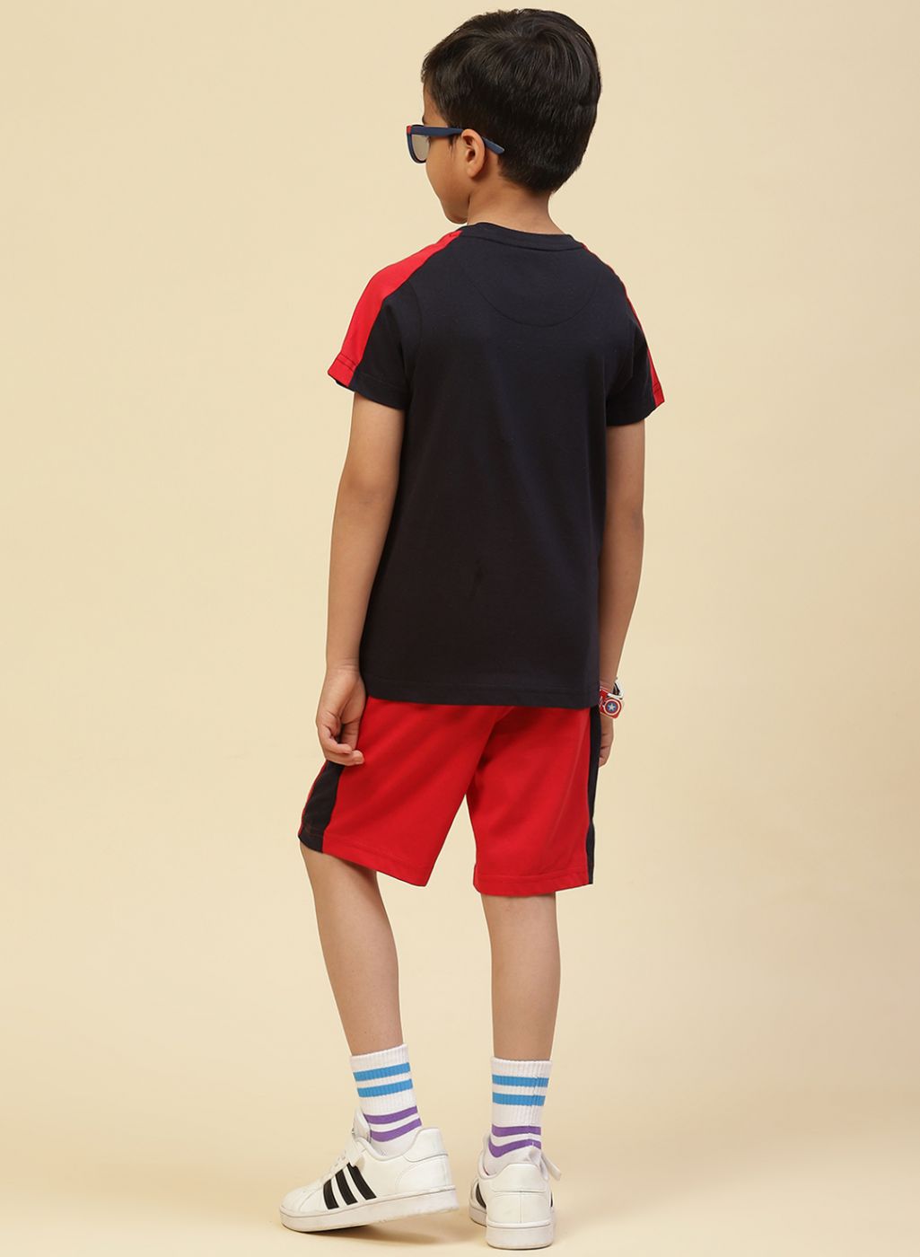 Boys NAvy Blue Printed Bermuda Set