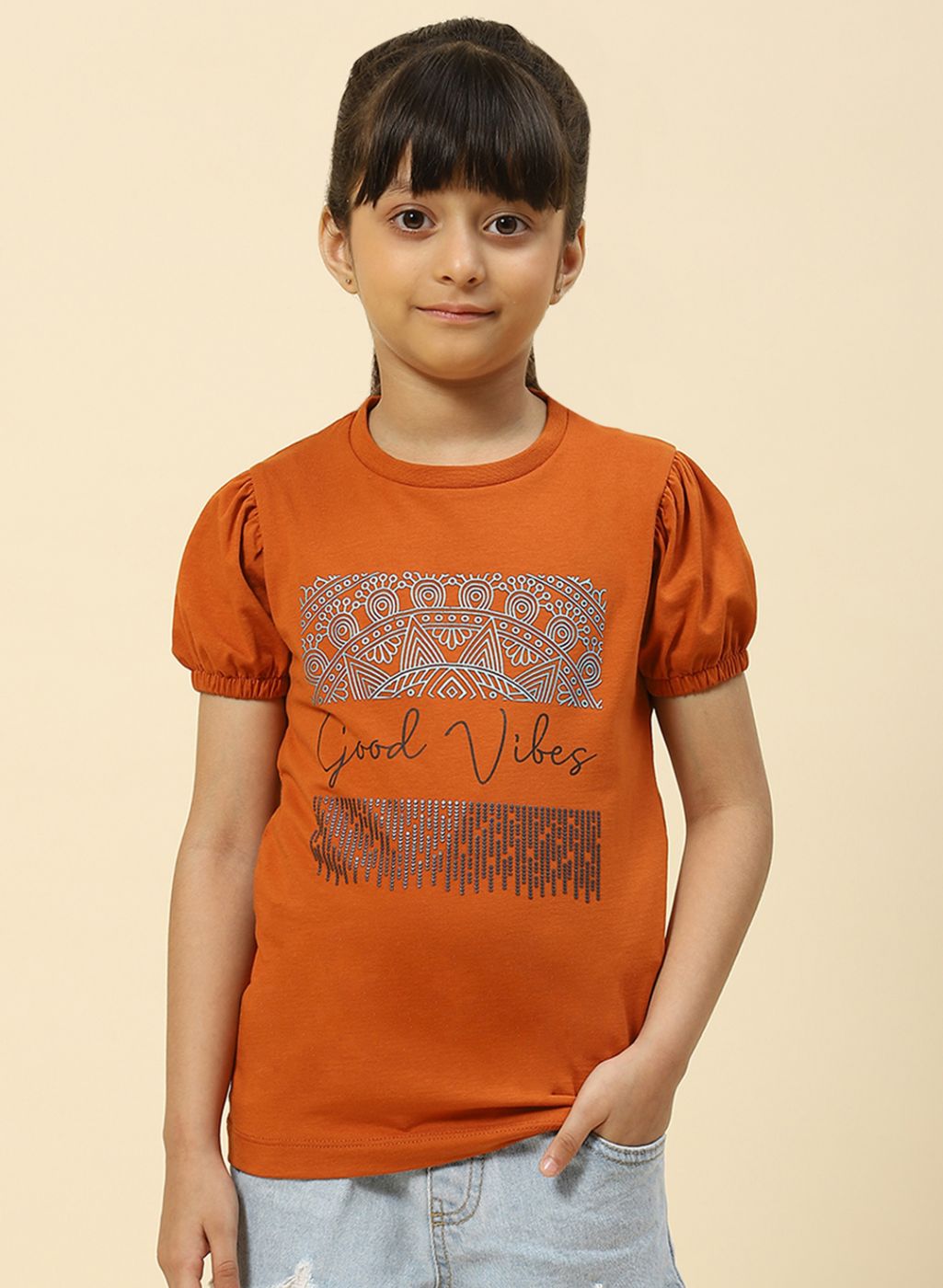 Girls Brown Printed Top