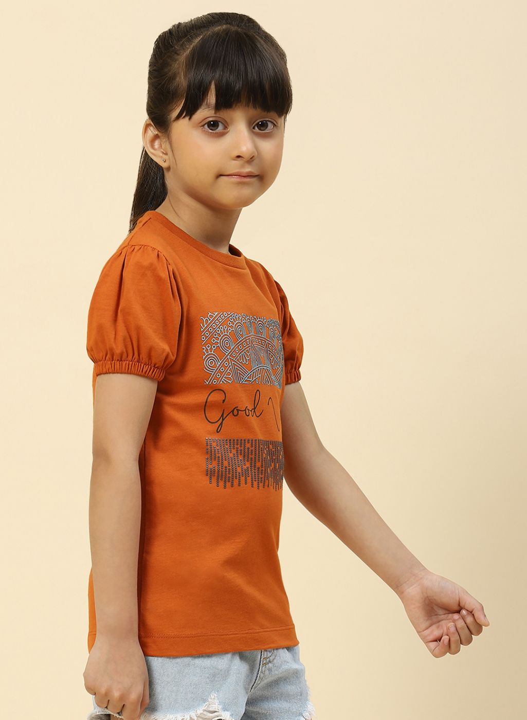 Girls Brown Printed Top