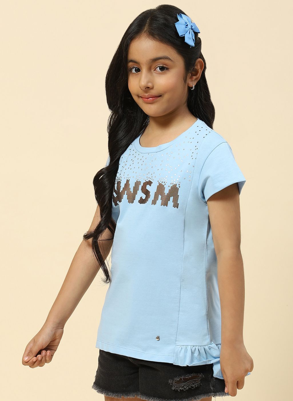 Girls Sky Blue Printed Top