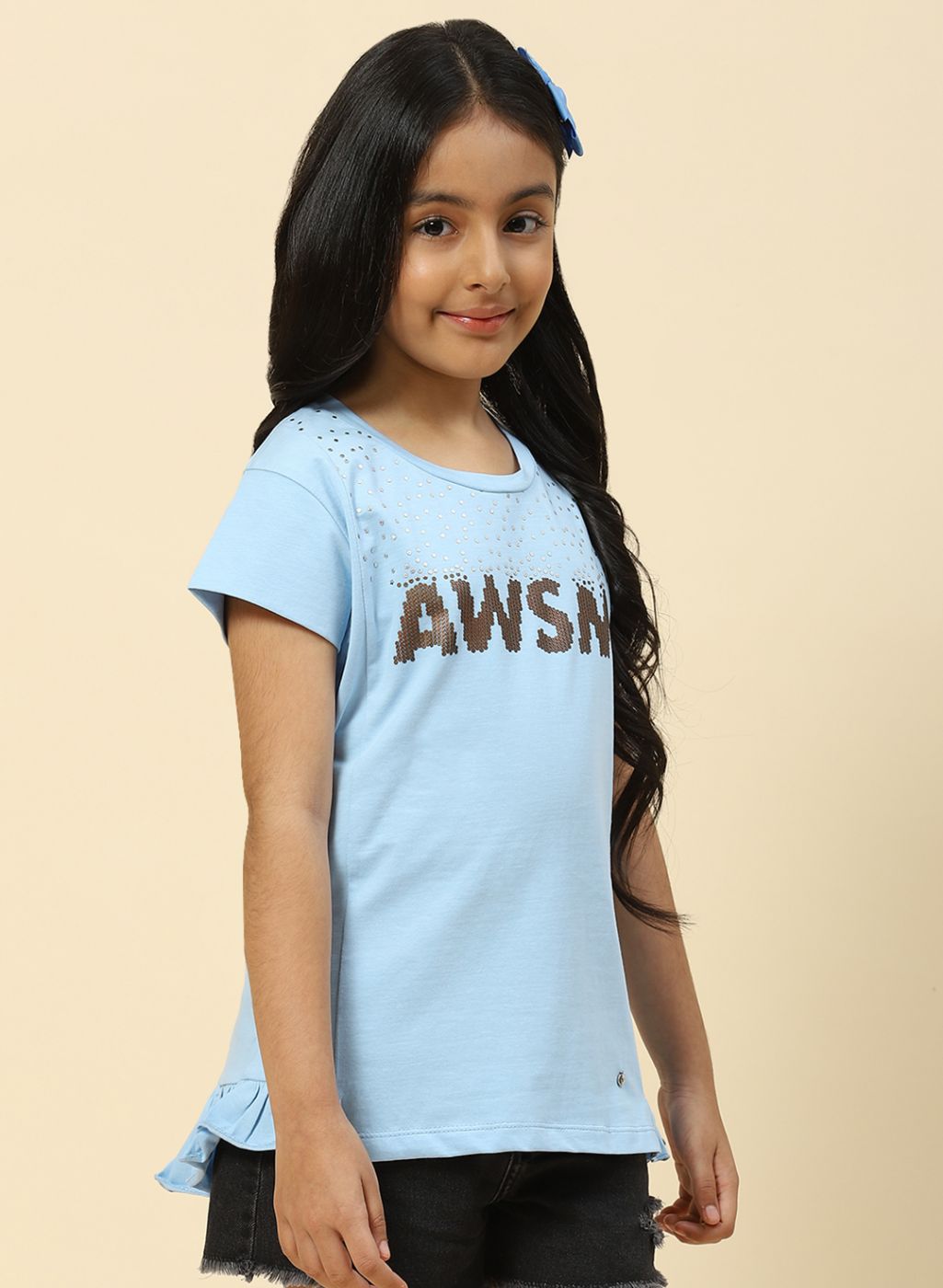 Girls Sky Blue Printed Top