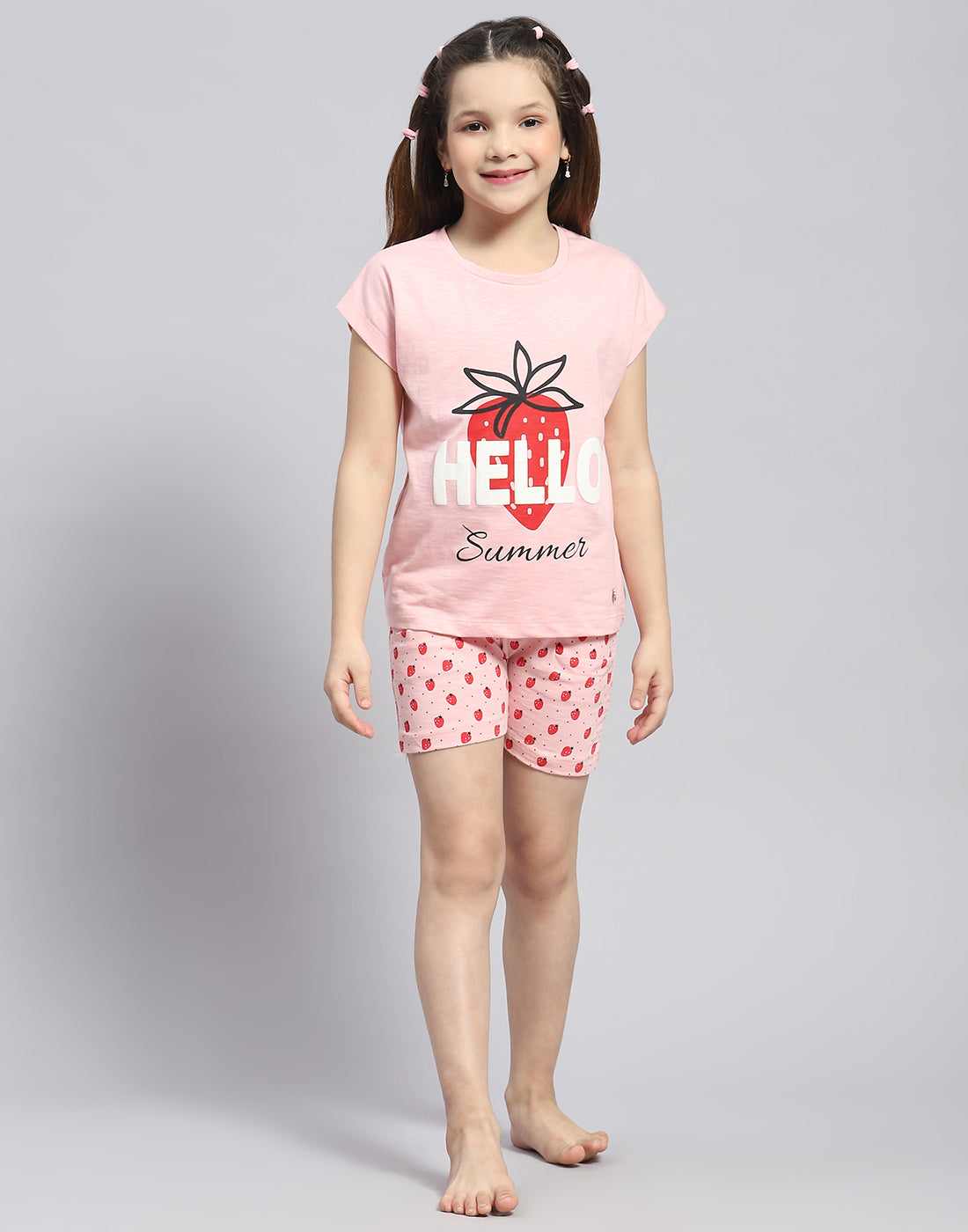 Girls Pink Printed Round Neck Half Sleeve Shorts Set