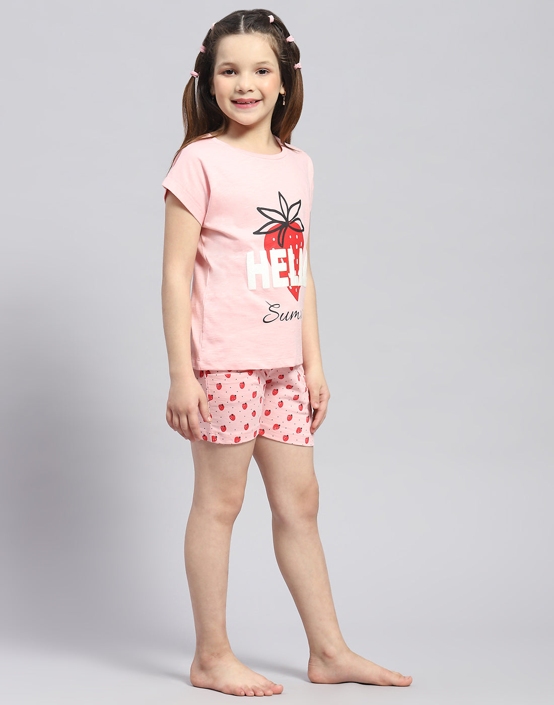 Girls Pink Printed Round Neck Half Sleeve Shorts Set