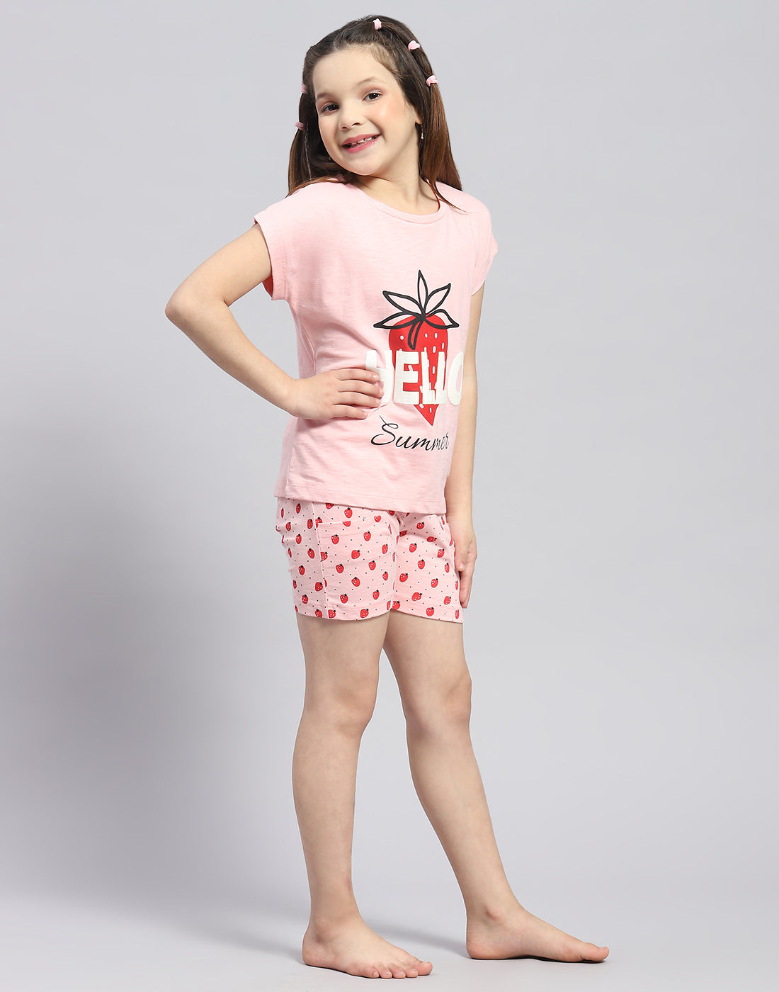 Girls Pink Printed Round Neck Half Sleeve Shorts Set