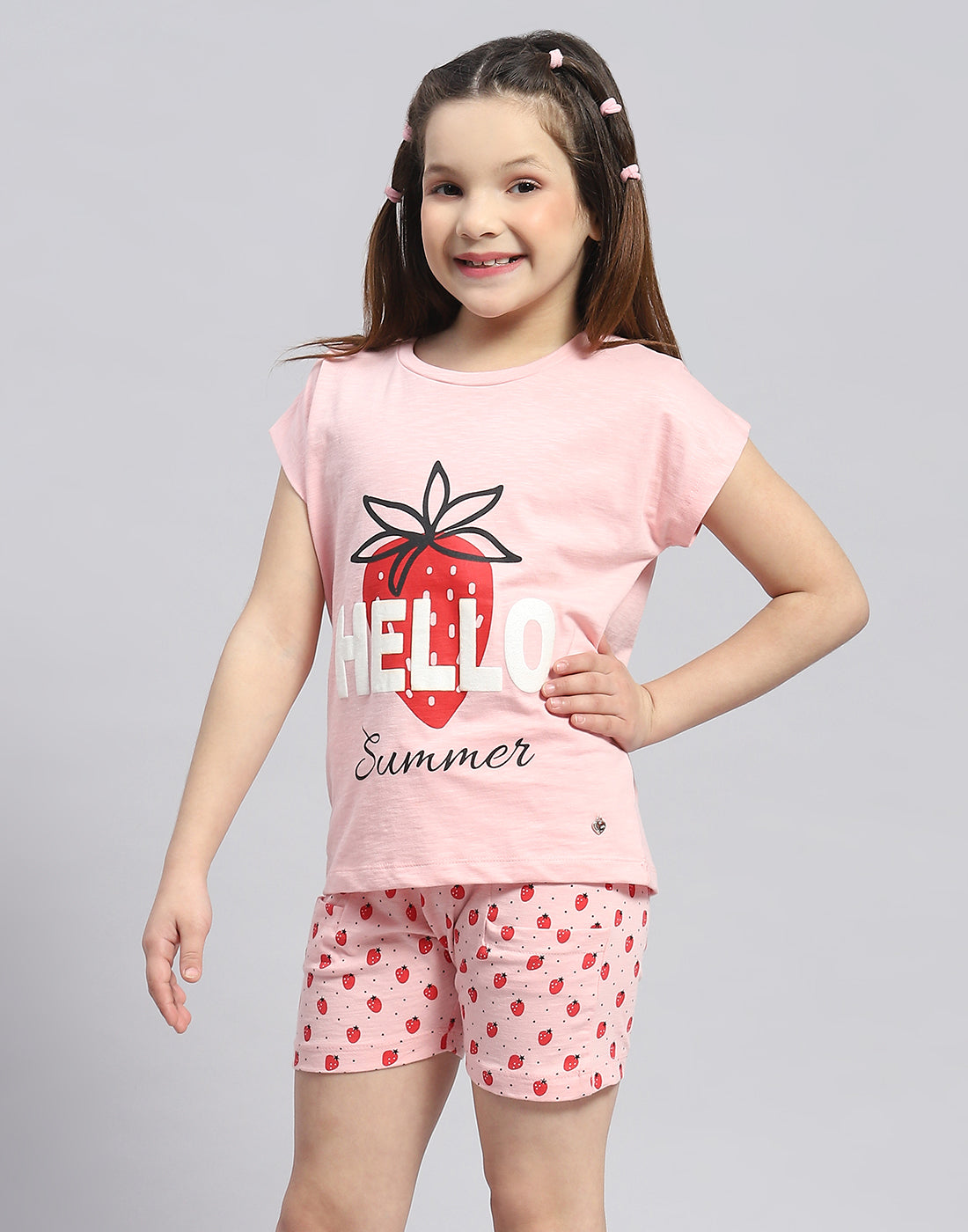 Girls Pink Printed Round Neck Half Sleeve Shorts Set