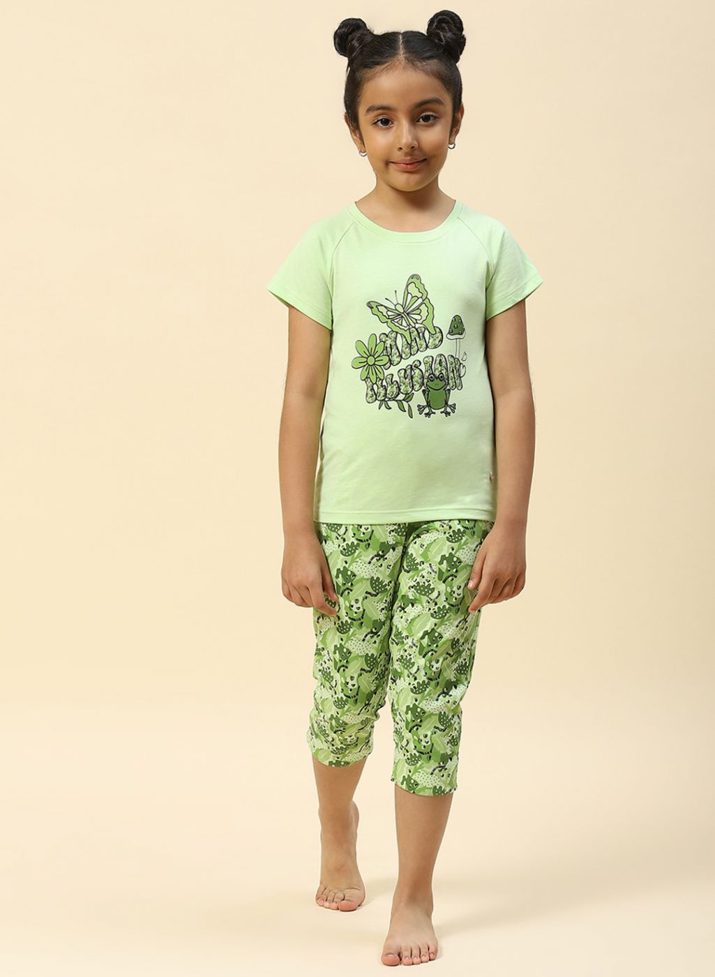 Girls Green Printed Capri Set