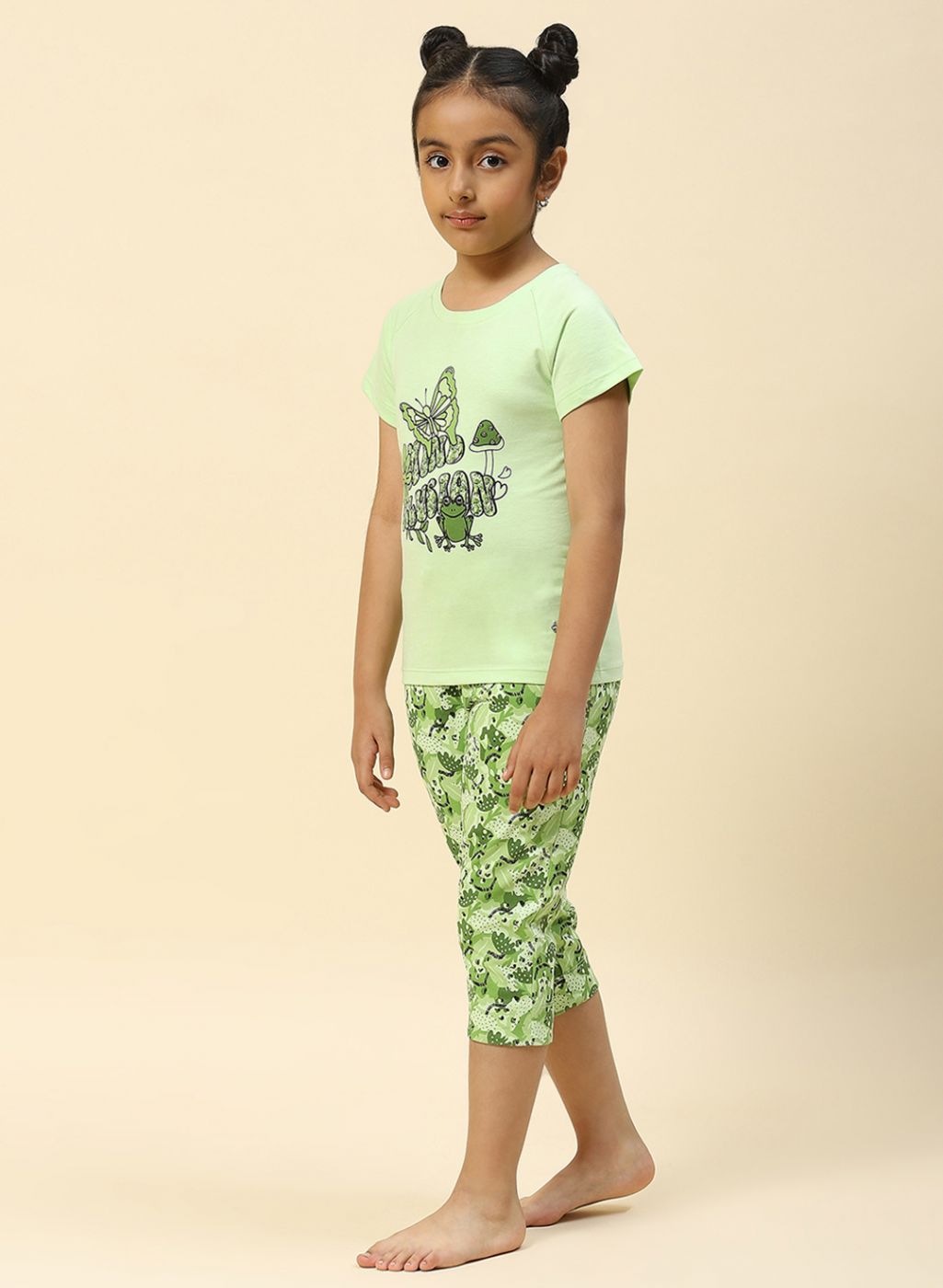 Girls Green Printed Capri Set