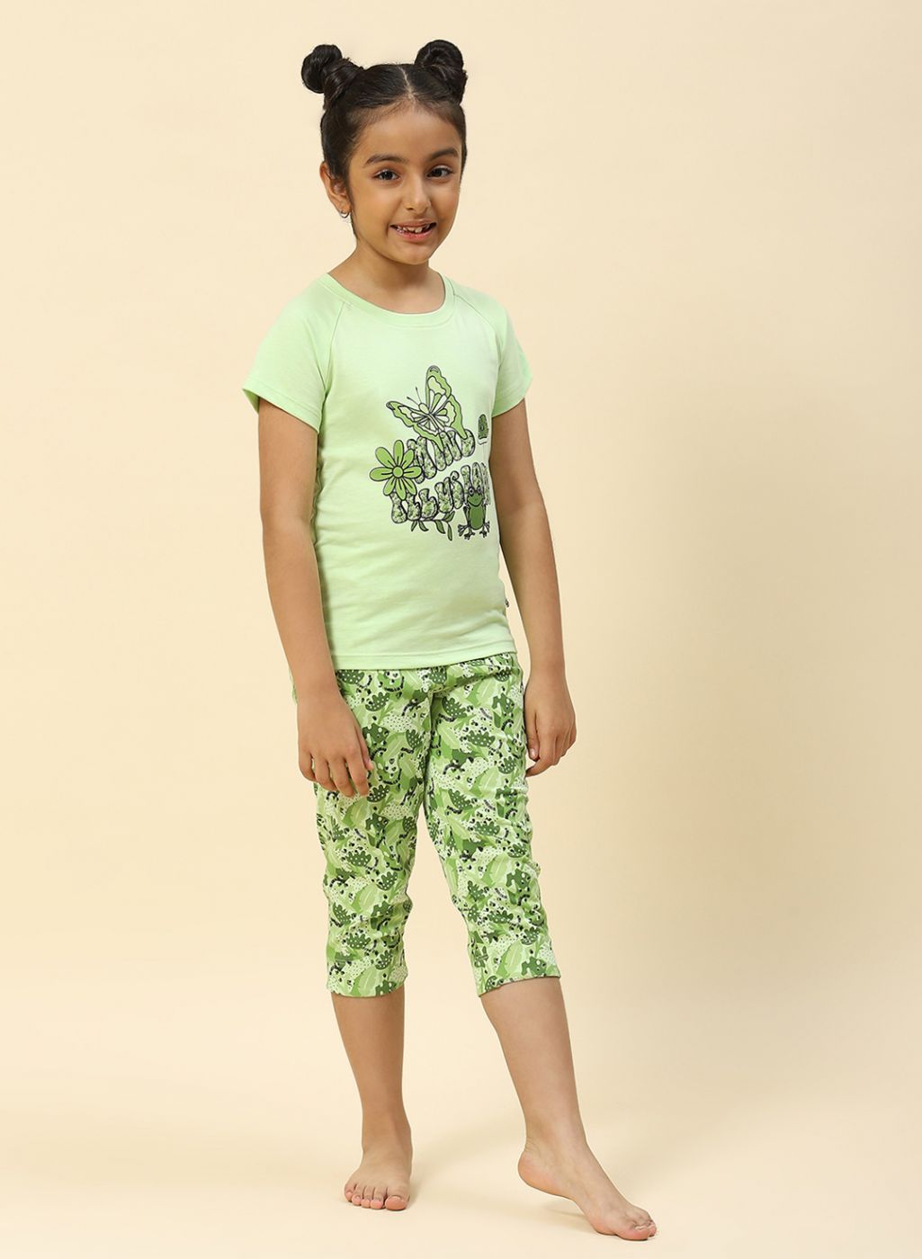 Girls Green Printed Capri Set