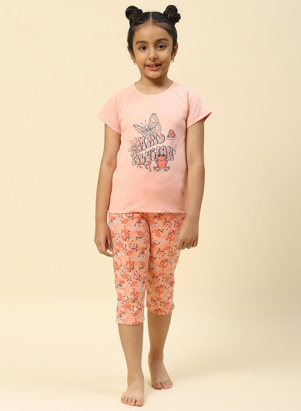 Girls Peach Printed Capri Set