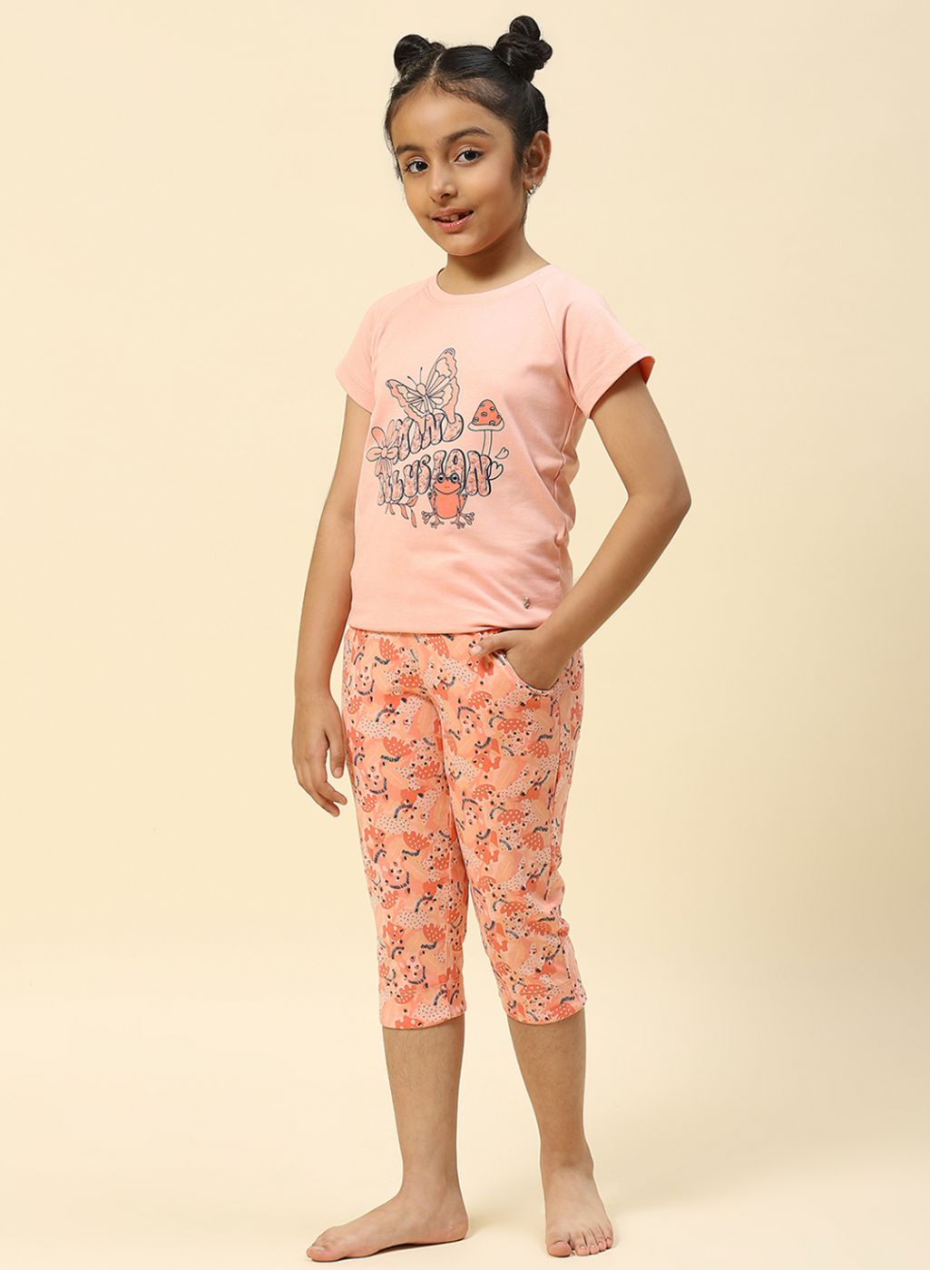 Girls Peach Printed Capri Set