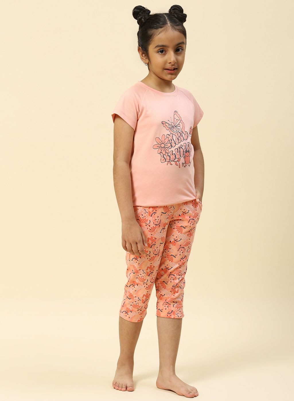 Girls Peach Printed Capri Set