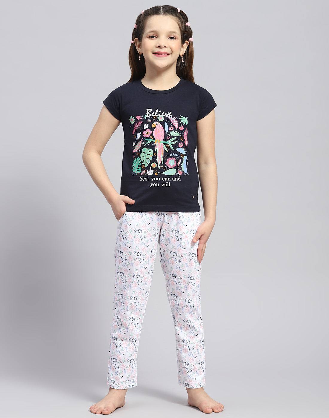 Girls Navy Blue Printed Round Neck Half Sleeve Lower Set