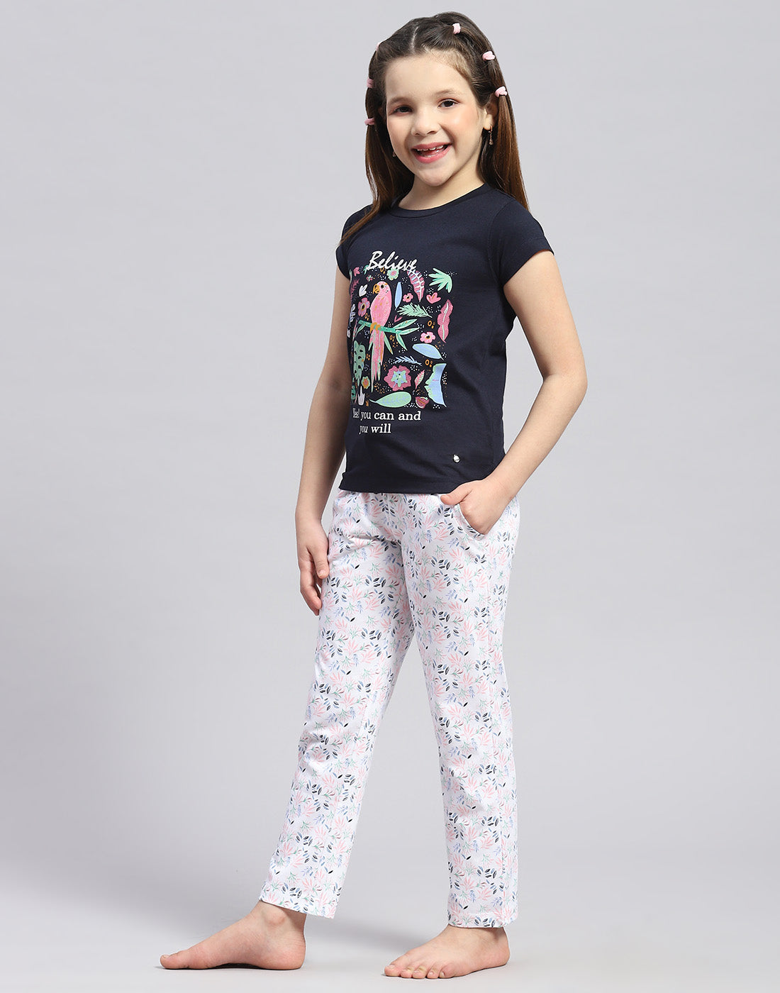 Girls Navy Blue Printed Round Neck Half Sleeve Lower Set