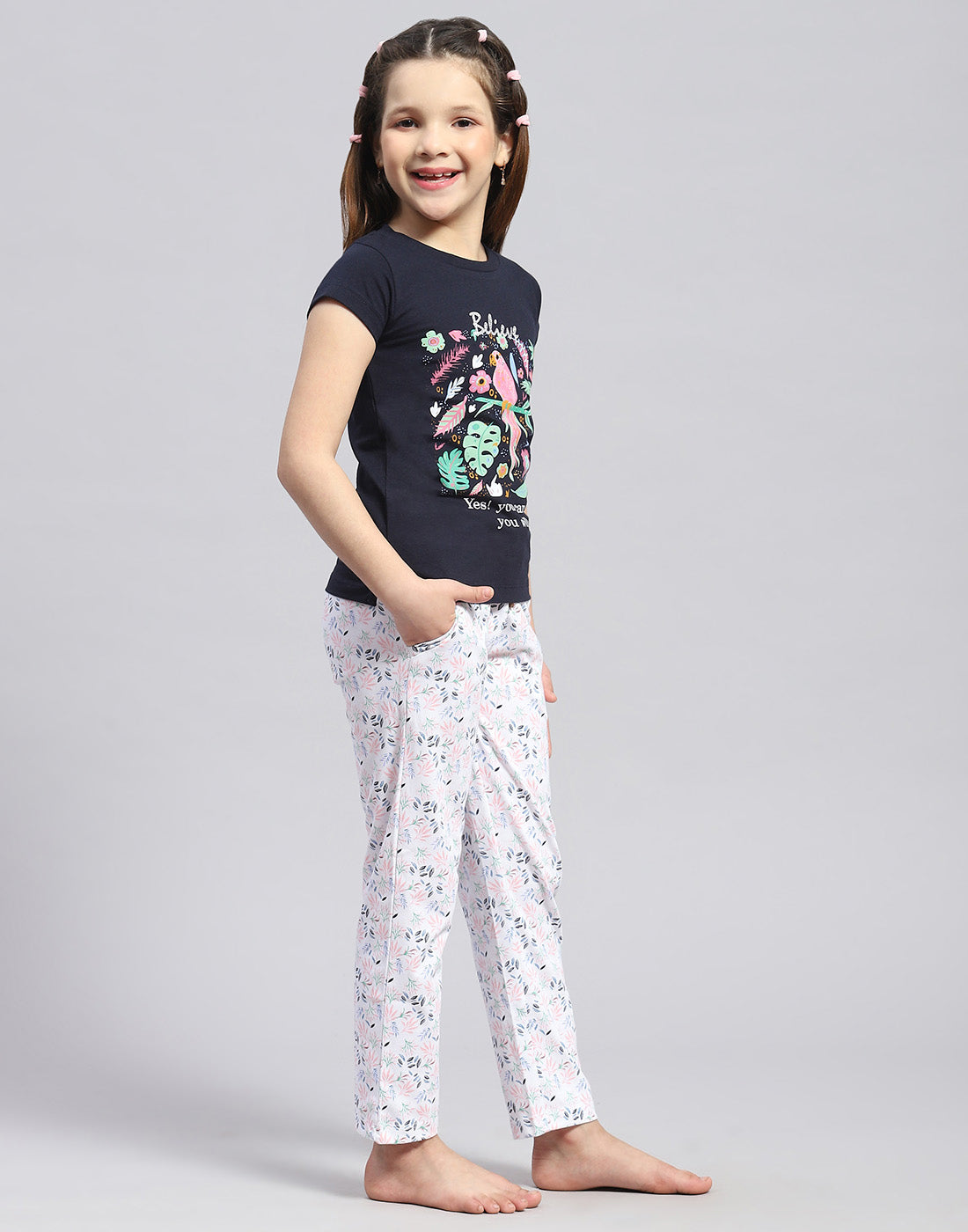 Girls Navy Blue Printed Round Neck Half Sleeve Lower Set