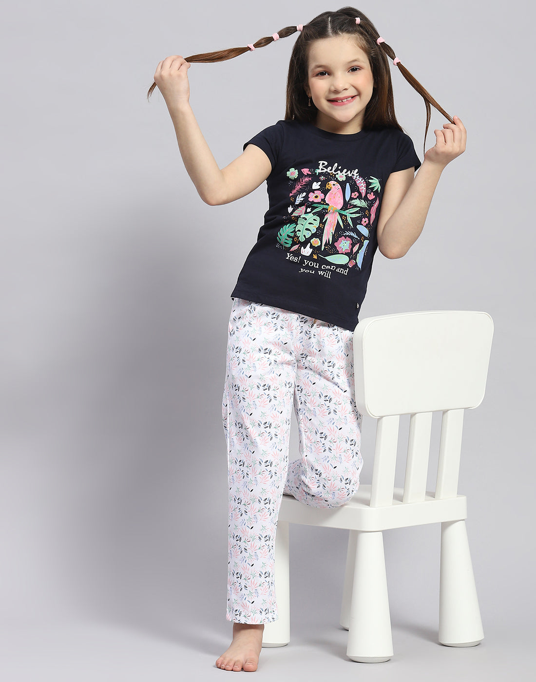 Girls Navy Blue Printed Round Neck Half Sleeve Lower Set