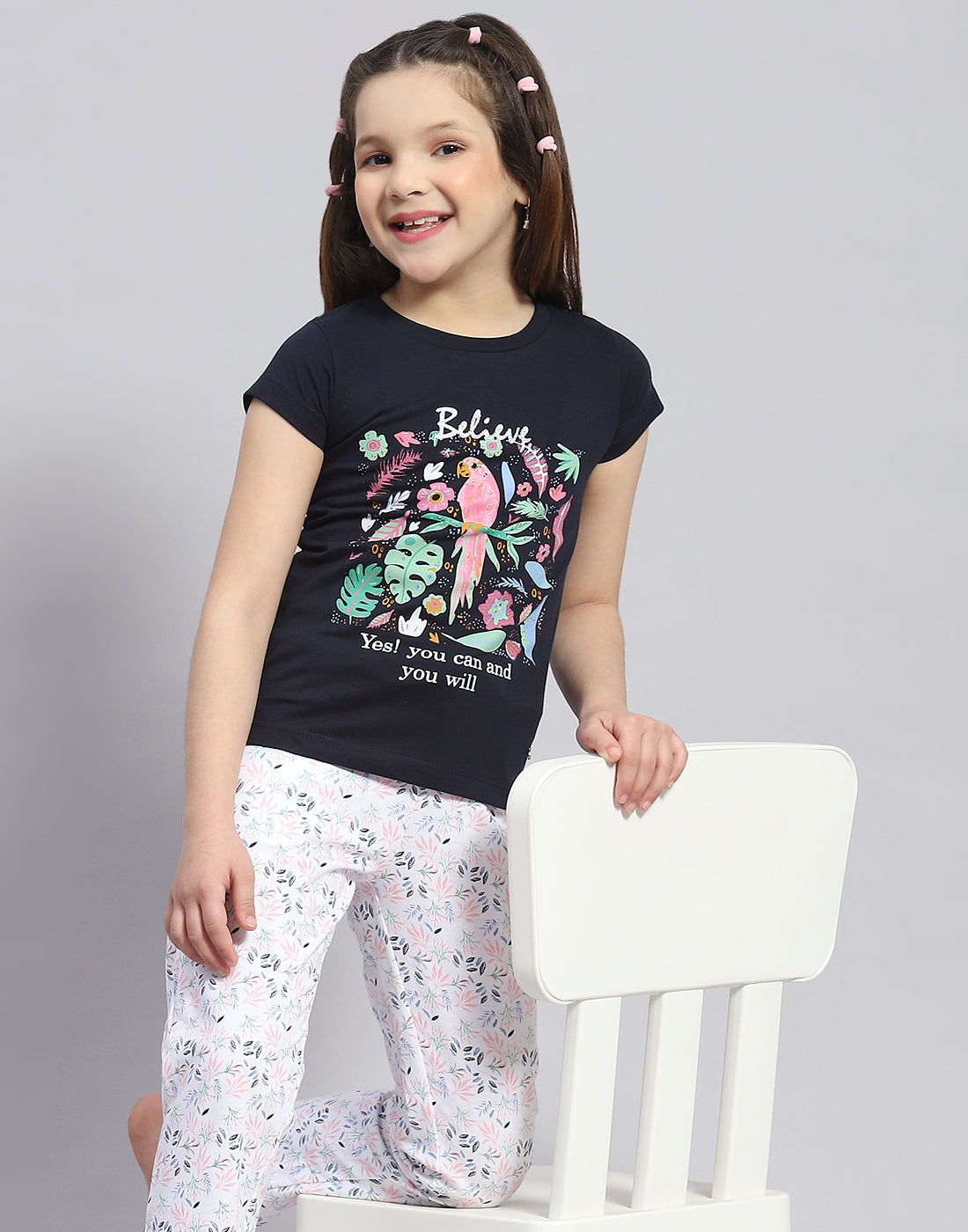 Girls Navy Blue Printed Round Neck Half Sleeve Lower Set