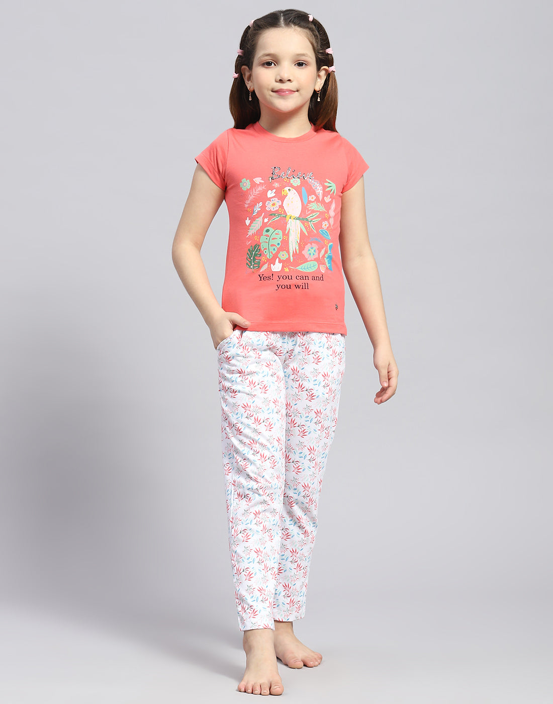 Girls Coral Printed Round Neck Half Sleeve Lower Set