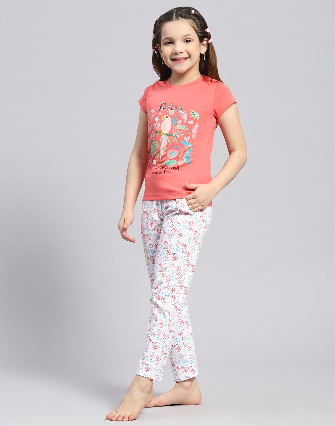 Girls Coral Printed Round Neck Half Sleeve Lower Set