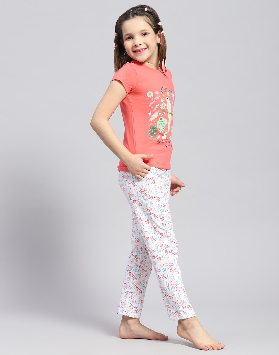 Girls Coral Printed Round Neck Half Sleeve Lower Set