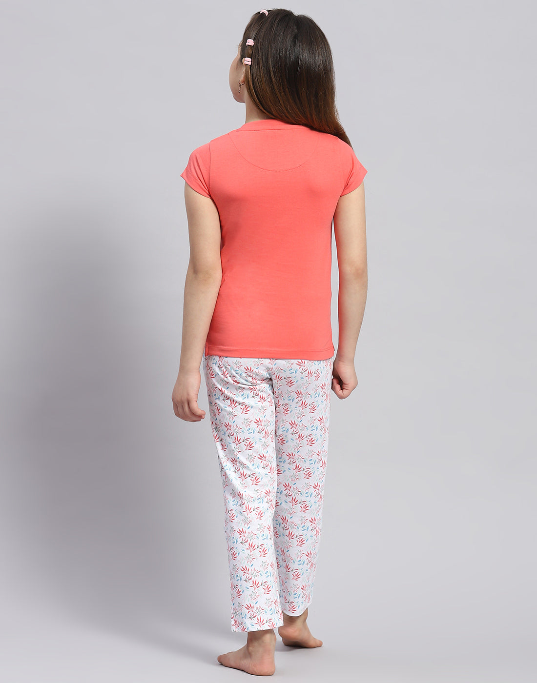 Girls Coral Printed Round Neck Half Sleeve Lower Set