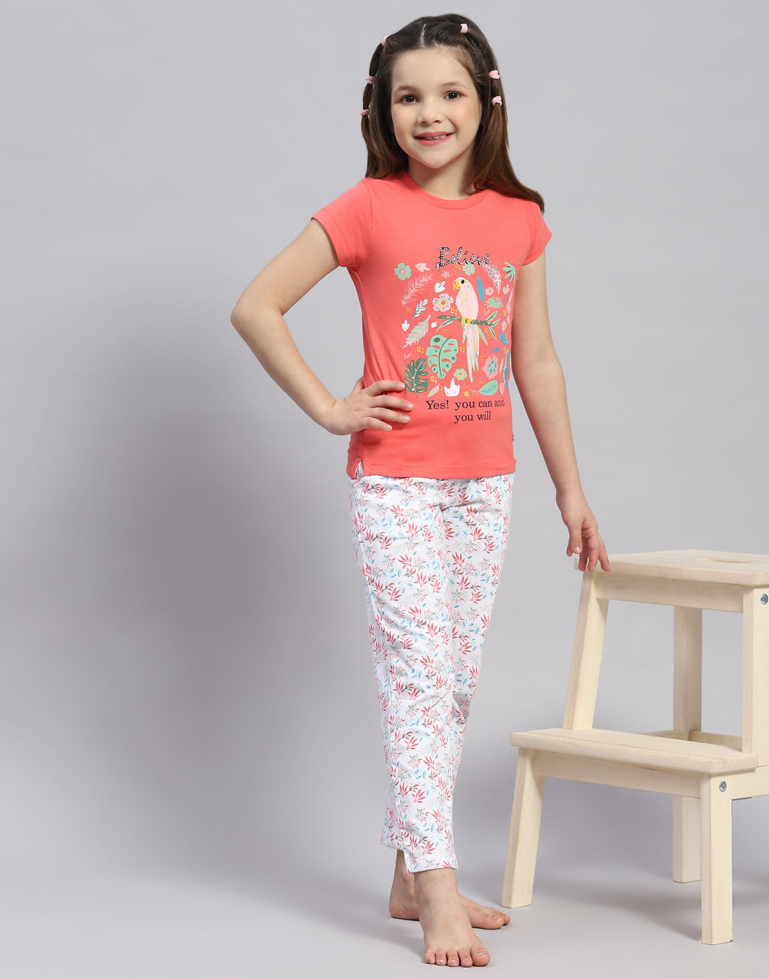 Girls Coral Printed Round Neck Half Sleeve Lower Set