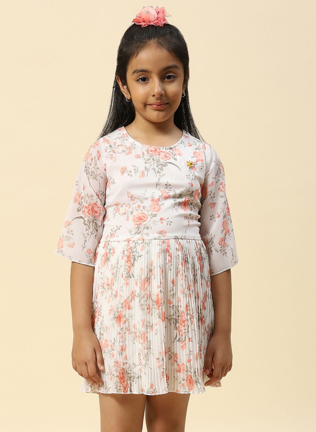 Girls Coral Pink Printed Dress