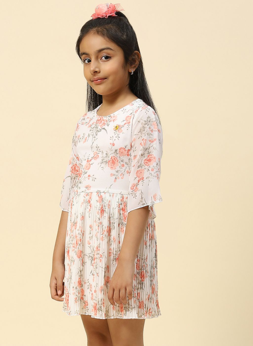 Girls Coral Pink Printed Dress