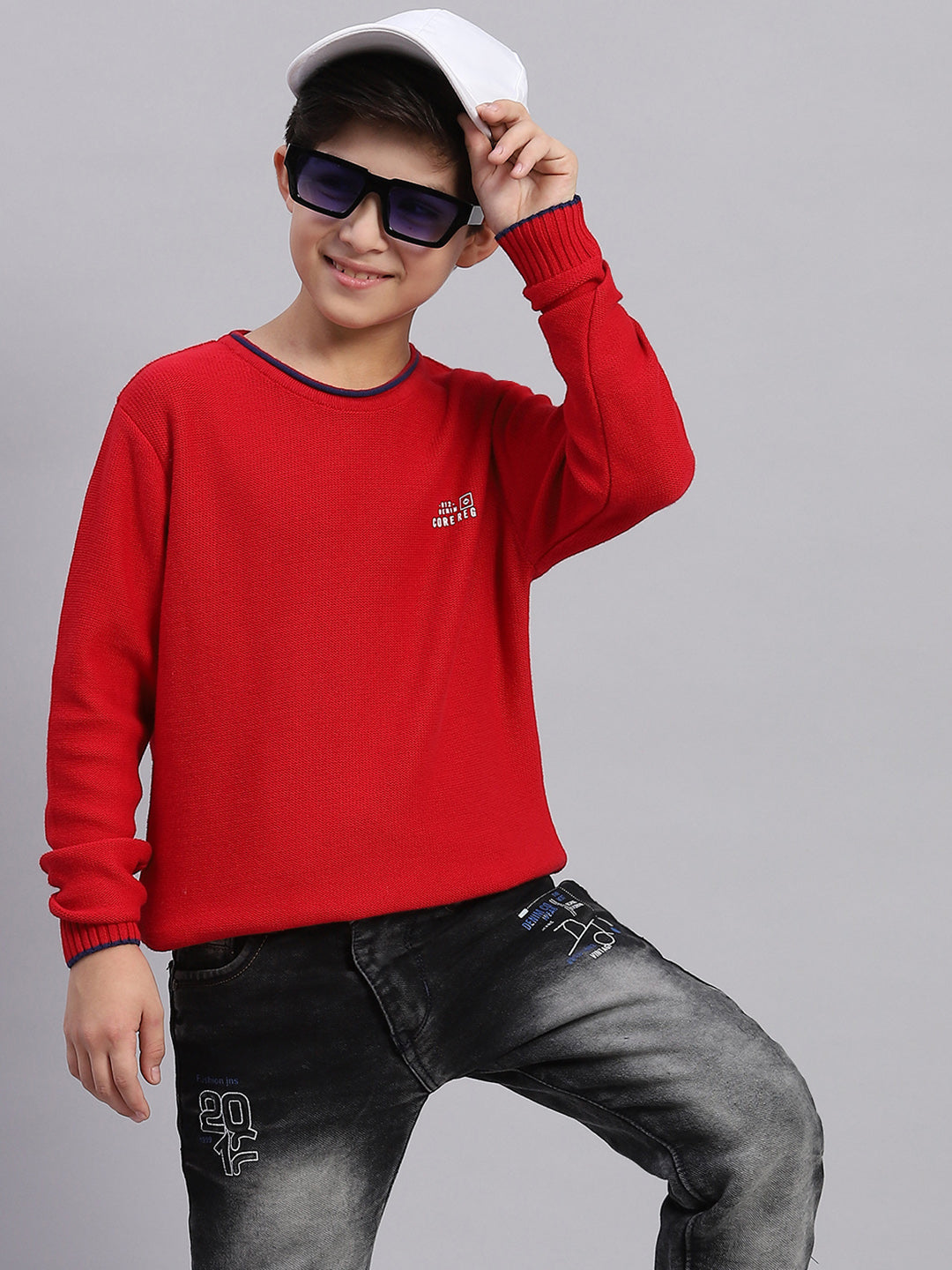 Boys Red Solid Round Neck Full Sleeve Sweater