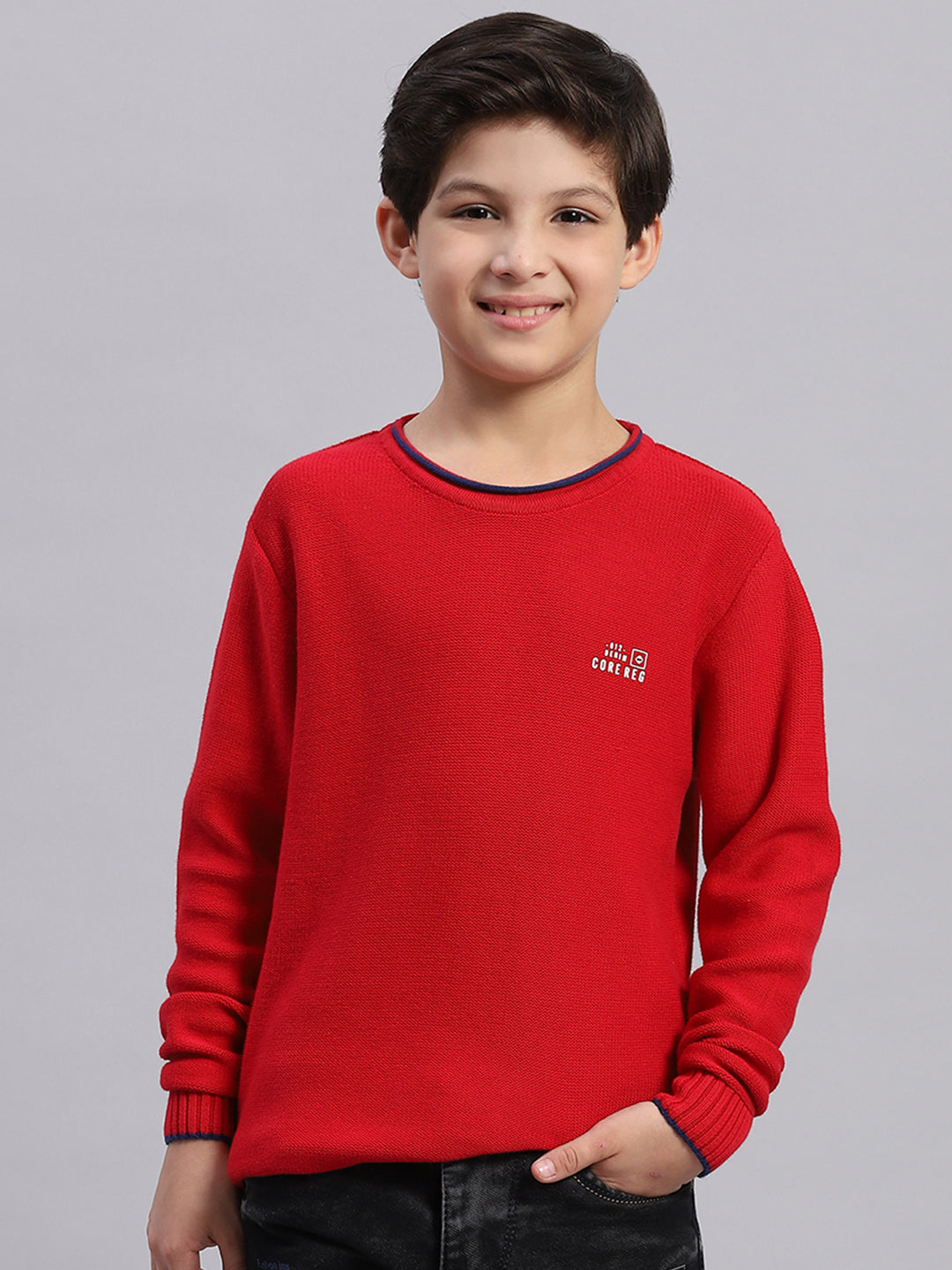 Boys Red Solid Round Neck Full Sleeve Sweater