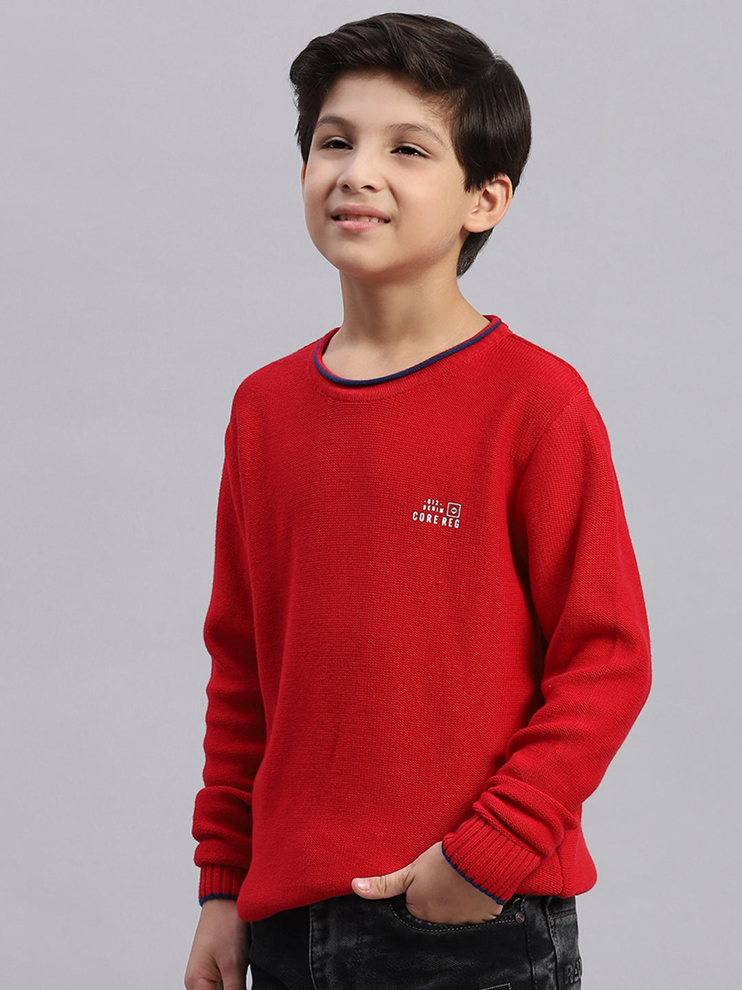 Boys Red Solid Round Neck Full Sleeve Sweater