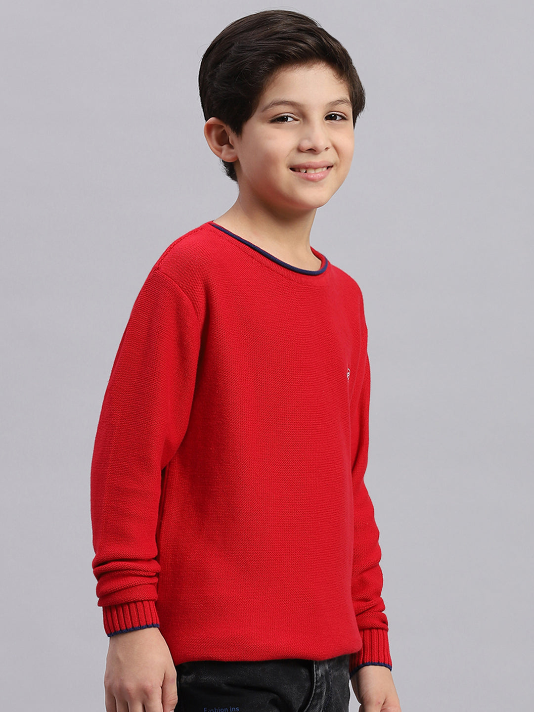 Boys Red Solid Round Neck Full Sleeve Sweater