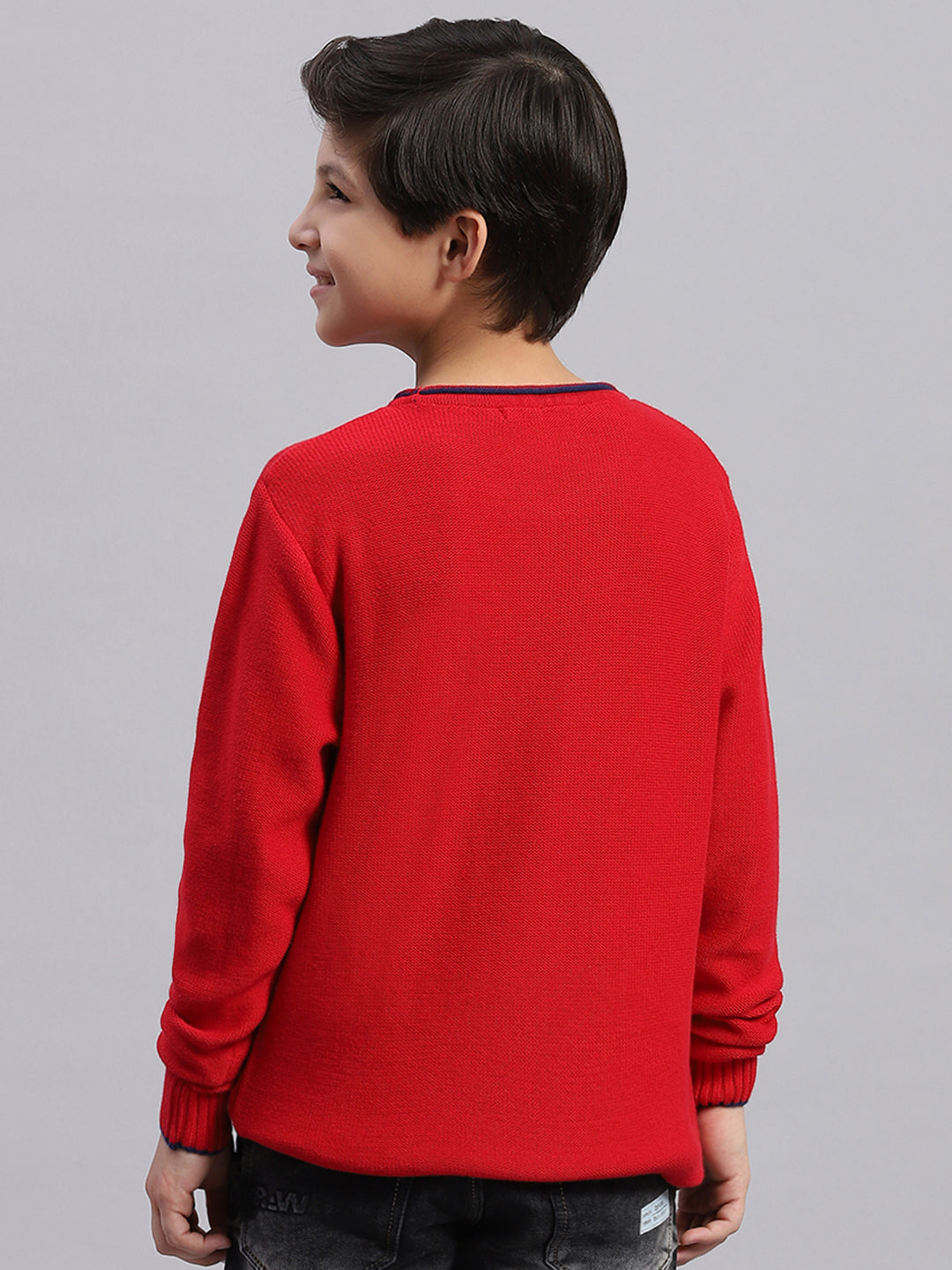 Boys Red Solid Round Neck Full Sleeve Sweater