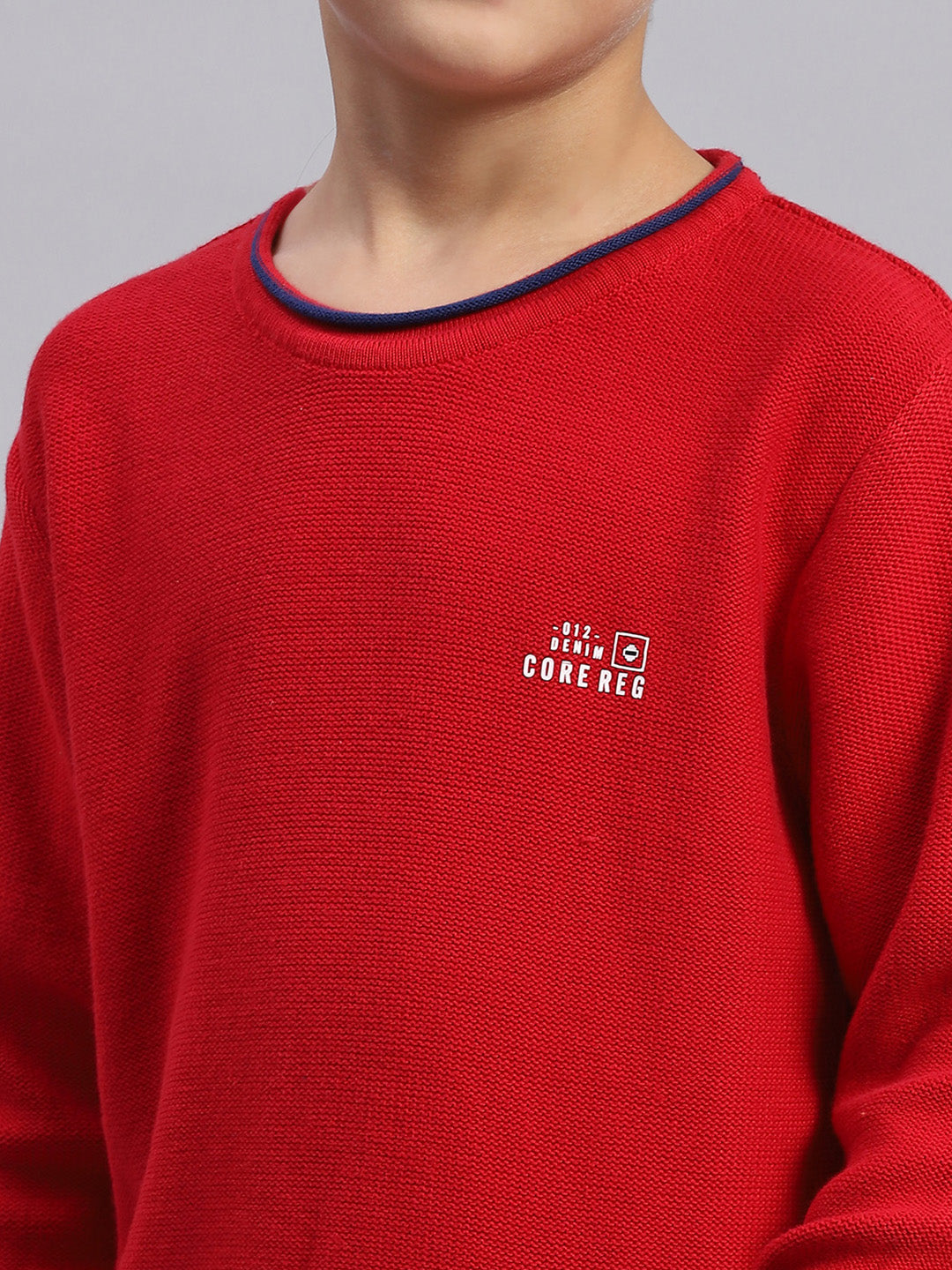 Boys Red Solid Round Neck Full Sleeve Sweater