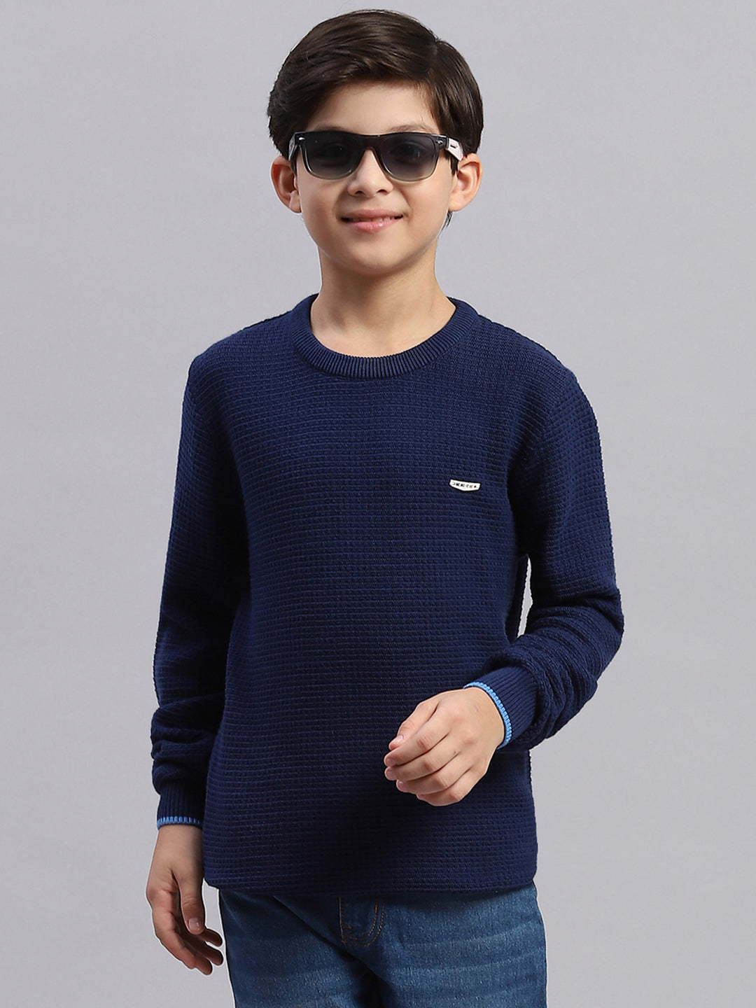 Boys Blue Solid Round Neck Full Sleeve Sweater