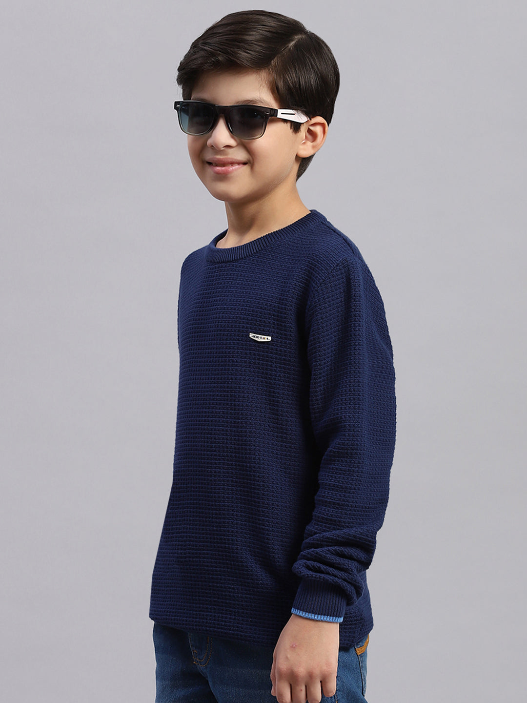 Boys Blue Solid Round Neck Full Sleeve Sweater