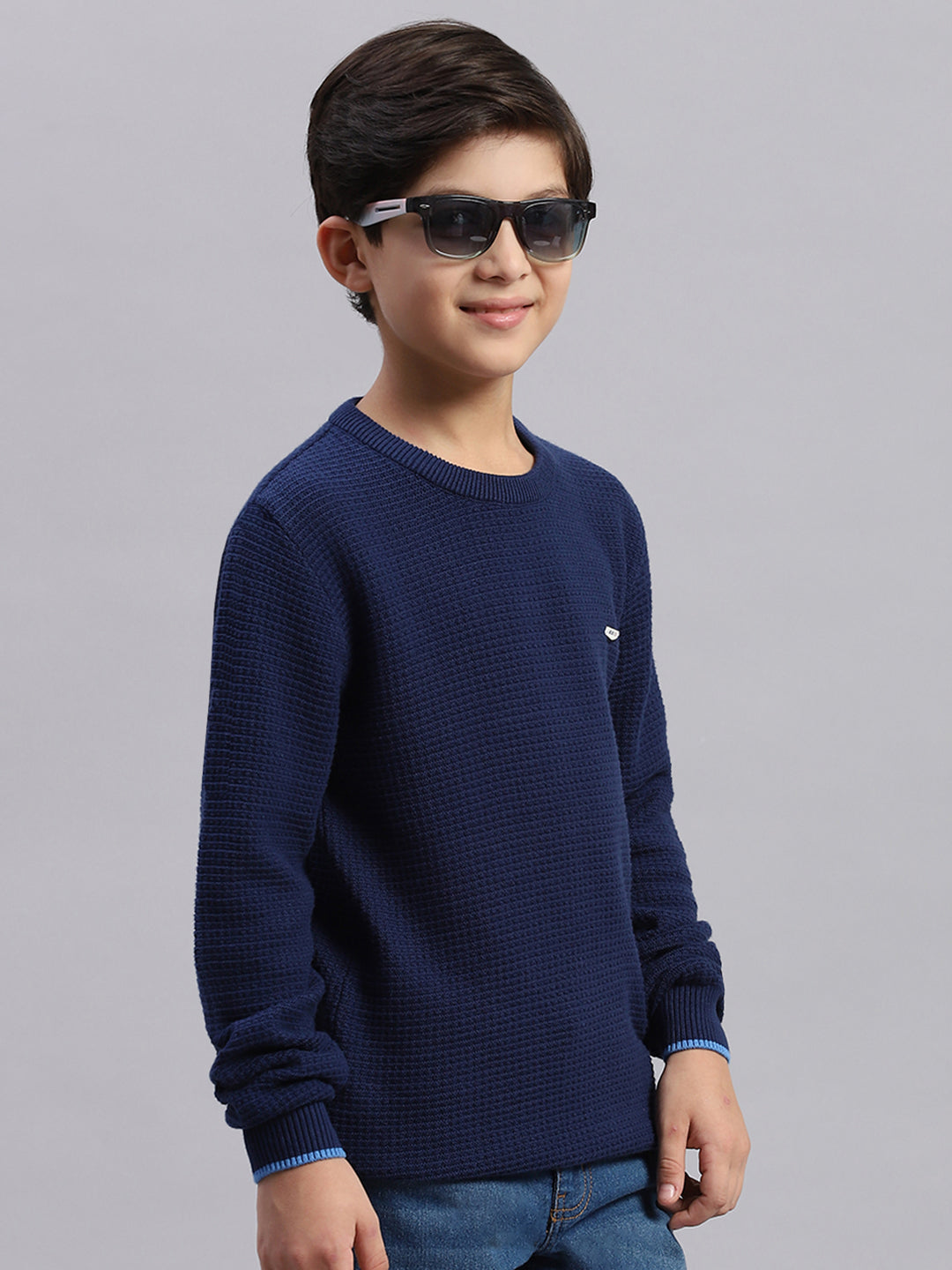 Boys Blue Solid Round Neck Full Sleeve Sweater