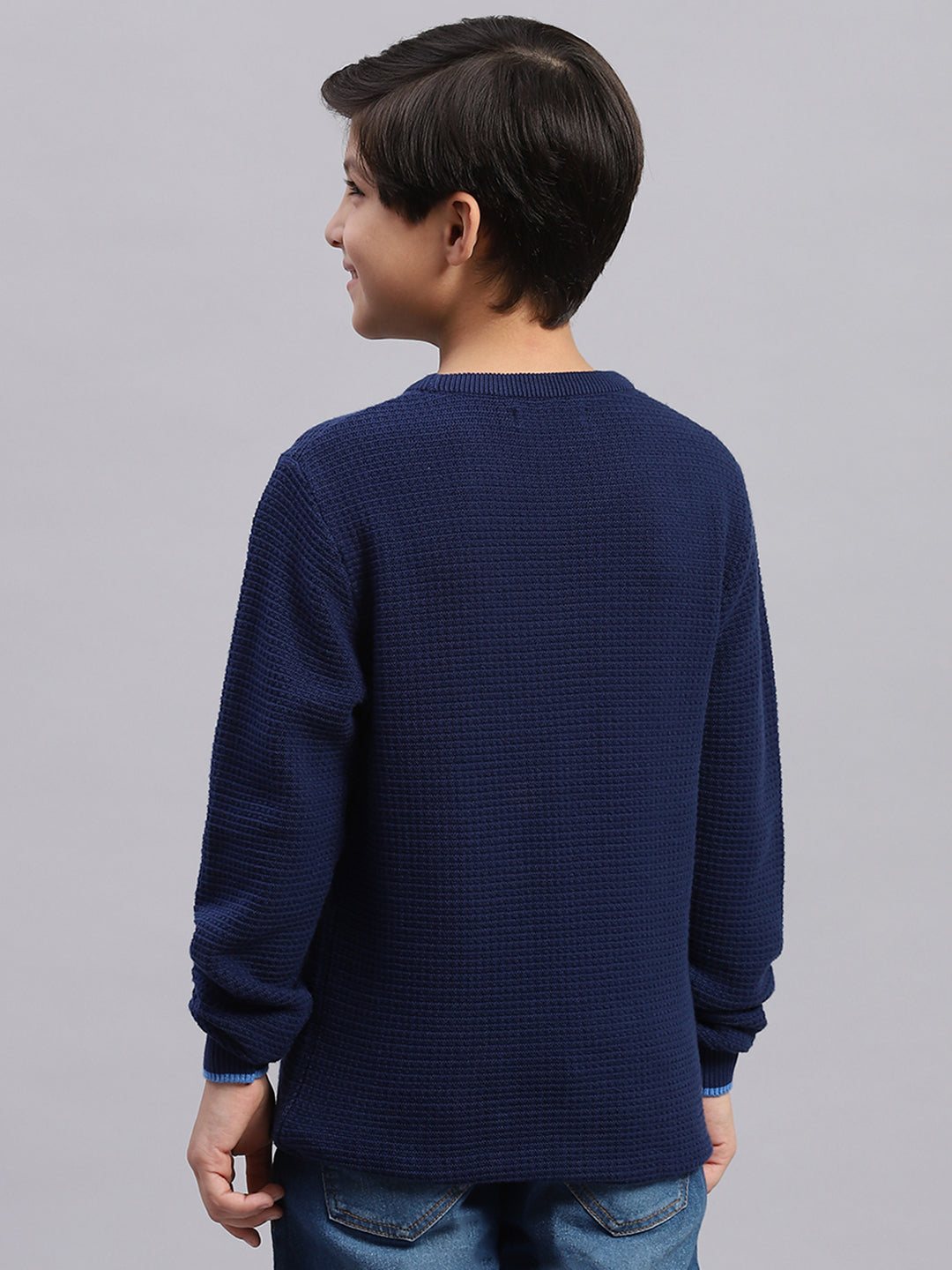 Boys Blue Solid Round Neck Full Sleeve Sweater